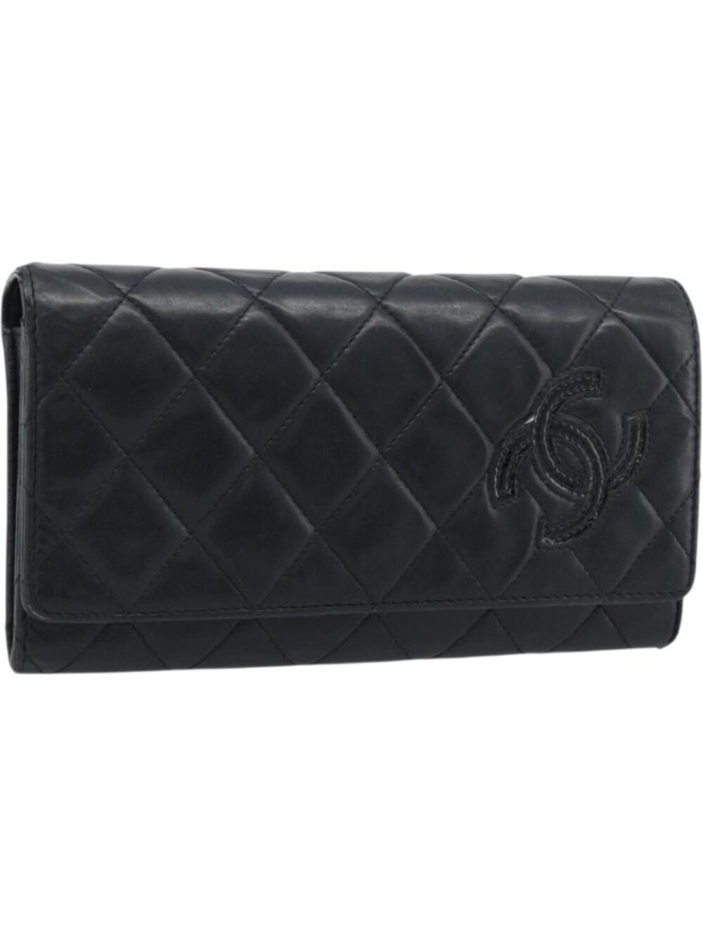 CHANEL Matelasse Long Wallet Lamb Skin Black Silver CC